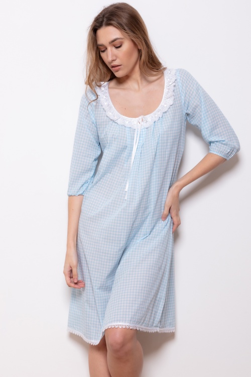 Dedith - 100% Cotton Mid Sleeve Gingham Nightdress